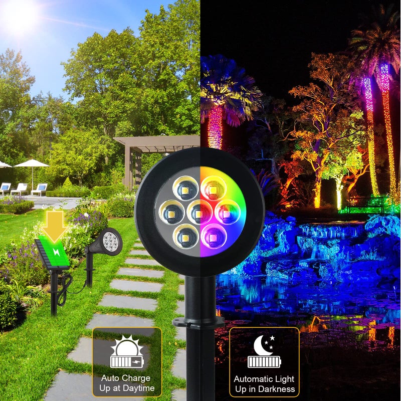 T-SUNUS أضواء سبوت لايت RGB الشمسية T-SUNUS للمناظر الطبيعية، أضواء سبوت متغيرة الألوان مقاومة للماء IP65 لبركة الحديقة، ضوء شجرة حائط قابل للتعديل بزاوية 180 درجة مثبت بشكل منفصل للاستخدام الداخلي والخارجي، عبوة من 2 - Image 3